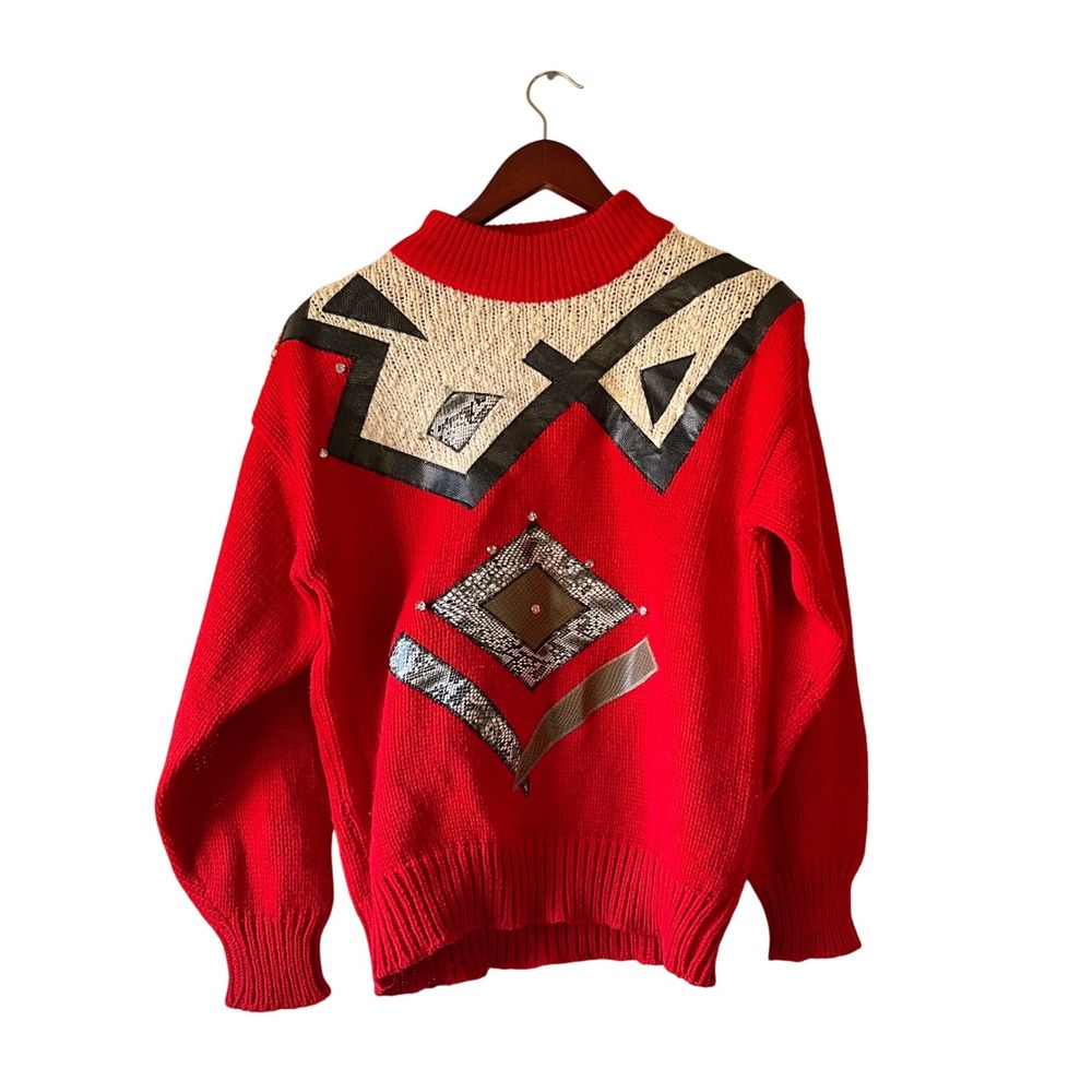 Vintage‎ 80s western Red Geometric Patchwork Sweater Mock Neck size medium